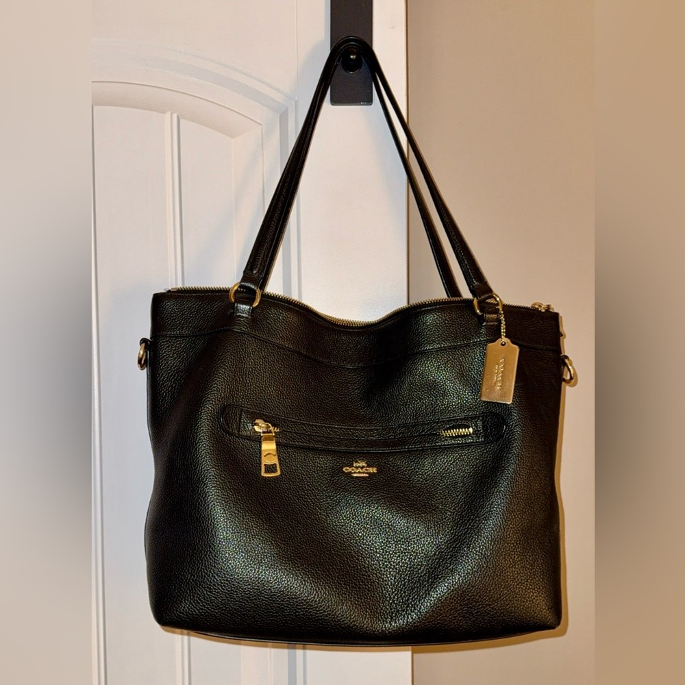Coach Black Leather Shoulder Bag with Gold Accents